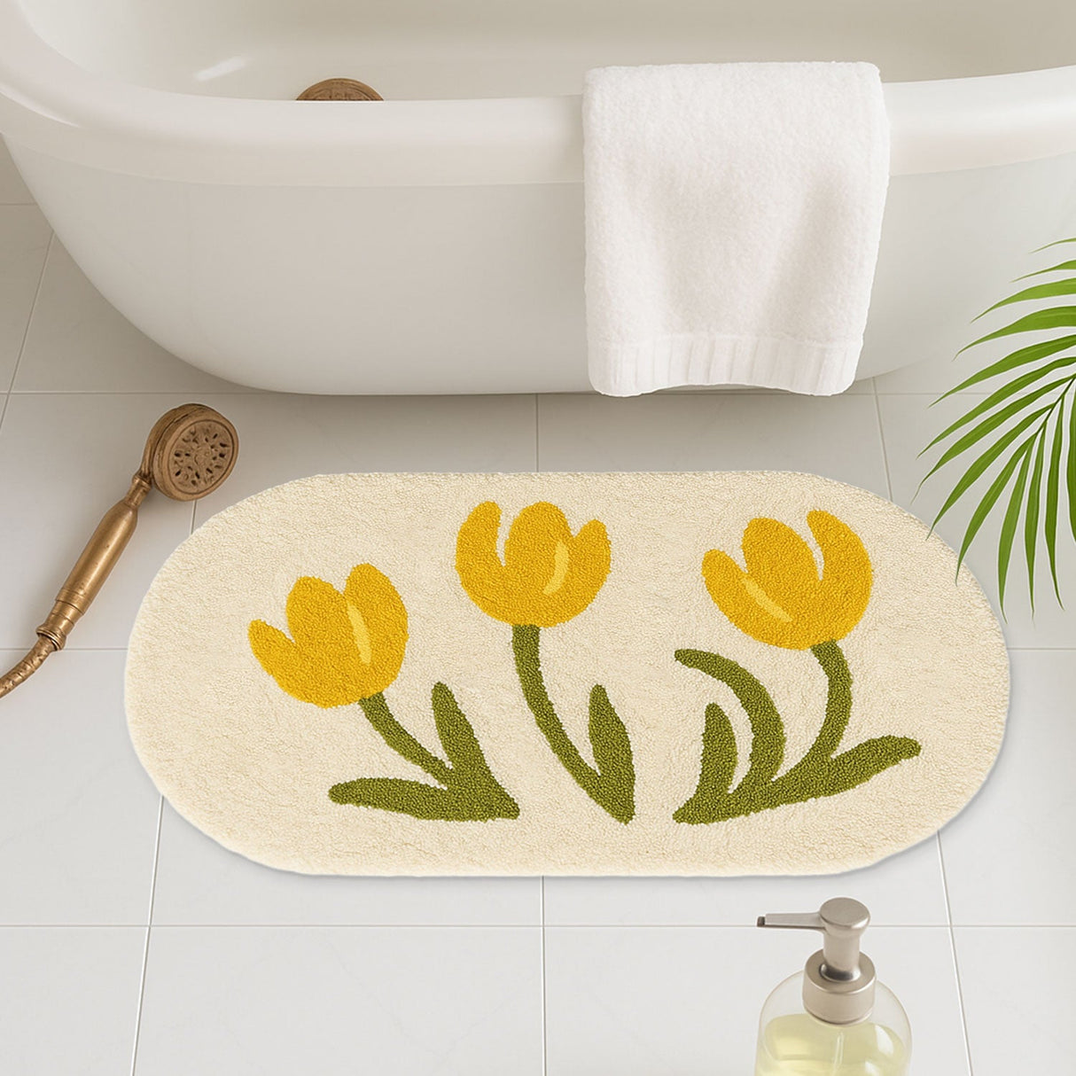 Feblilac Yellow Tulip Bath Mat – Soft Floral Non-Slip Rug for Bathroom or Entryway